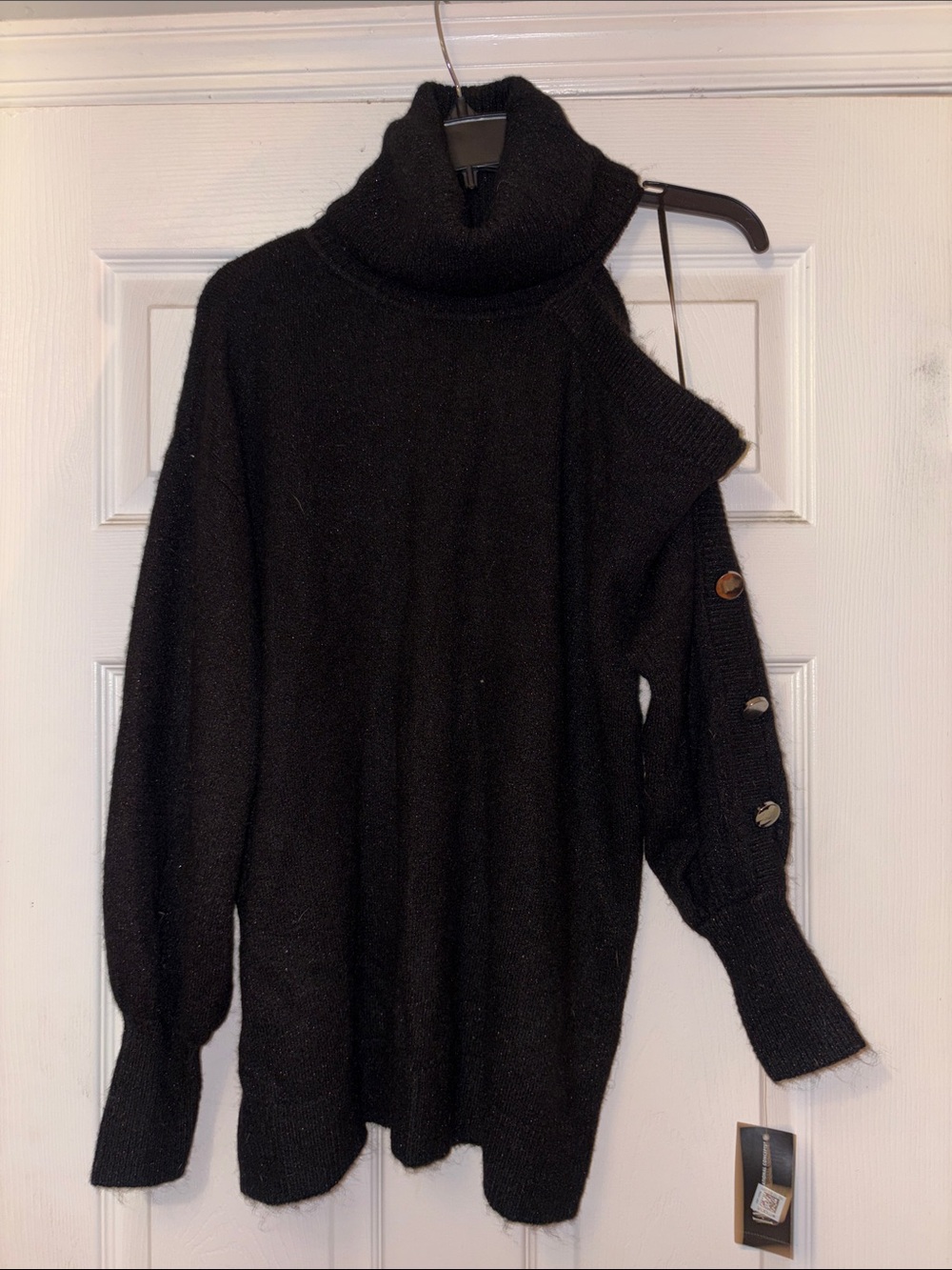 Black Turtleneck Cold-Shoulder Sweater with Buttoned Sleeve